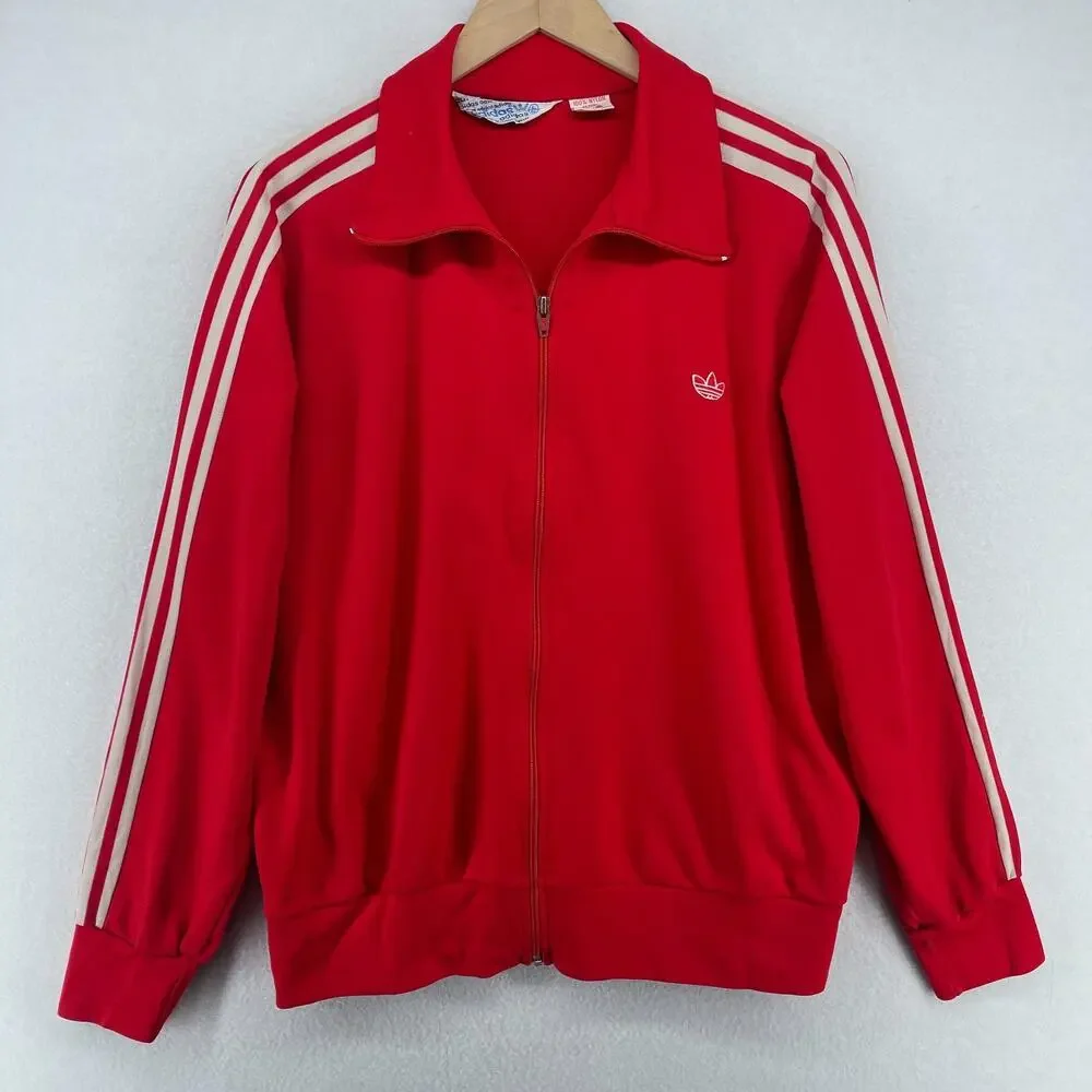 ADIDAS Jacket Mens L Trefoil Full Zip Retro Track Varsity 3 Stripe Nylon Red VTG